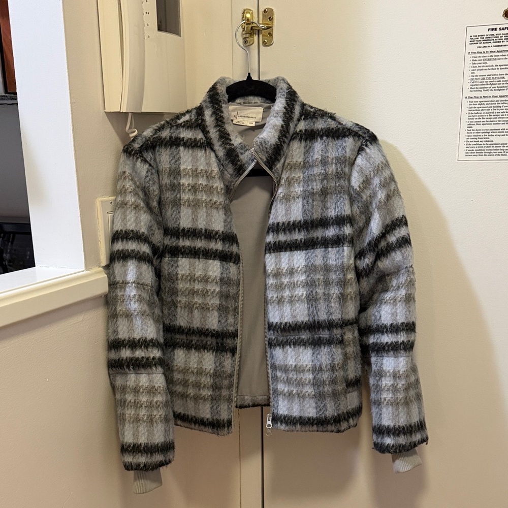 Anthropologie Fuzzy Plaid Zip Jacket in Light Gray and Dark Gray